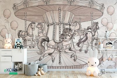 karuzela z konikami i balonami w tle - fototapeta dla dzieci