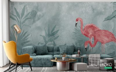 różowe flamingi na zielonym polu traw - fototapeta