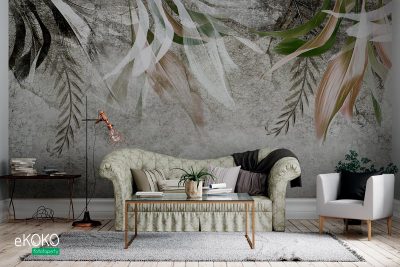 zwisające różnorodne liście na betonowym tle - fototapeta