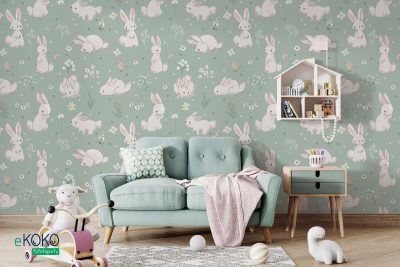 białe zające na zielonej łące - fototapeta dla dzieci