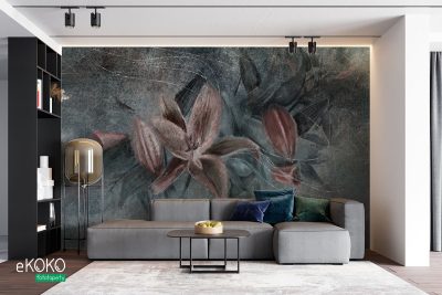 różowe kwiaty, zielone liście na betonowym tle – fototapeta