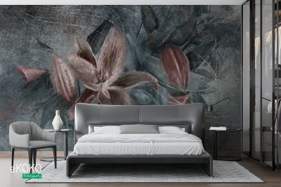 różowe kwiaty, zielone liście na betonowym tle – fototapeta