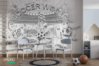 rysunek elementów związanych z piłką nożną na tle stadionu – fototapeta dla młodzieży