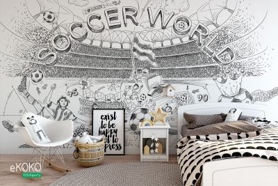 rysunek elementów związanych z piłką nożną na tle stadionu – fototapeta dla młodzieży