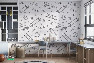 wzór deskorolki koła kaski na białym tle - fototapeta dla młodzieży