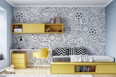 wzór rysowany piłkarskie gadżety na białym tle - fototapeta dla dzieci