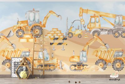 żółte koparki, wywrotki, spychacze i dźwig na placu budowy – fototapeta dla dzieci
