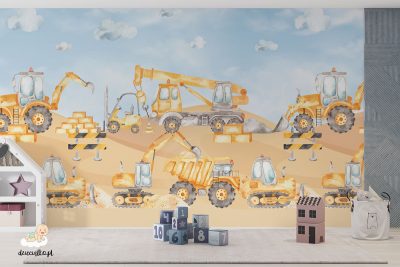 żółte koparki, wywrotki, spychacze i dźwig na placu budowy – fototapeta dla dzieci