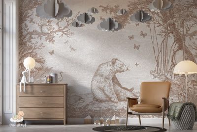 brązowy miś siedzący na polanie wśród drzew i innych zwierzątek – fototapeta dla dzieci